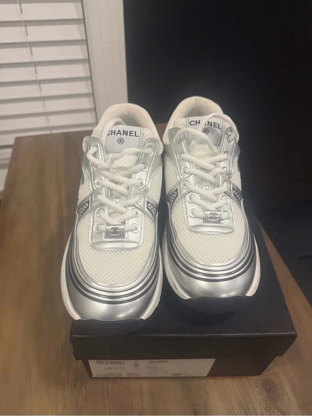 CHANEL Silver & White Logo Runner Sneakers